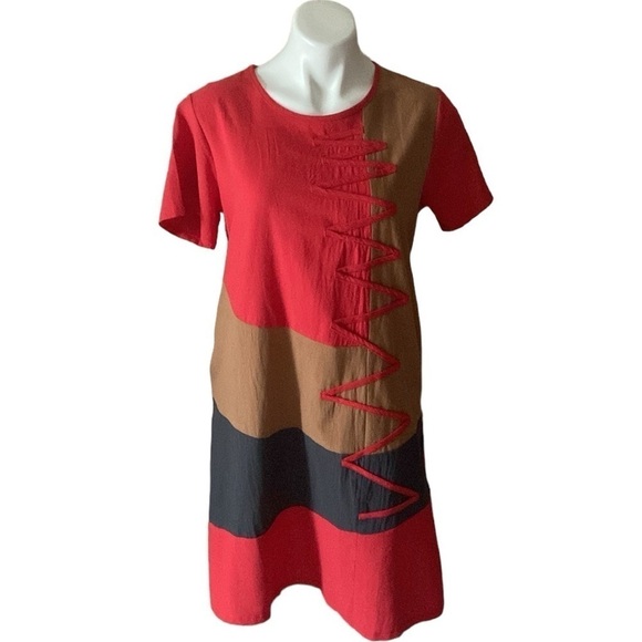 Belle De Jour Dresses & Skirts - Belle De Jour Paris Red, Black and Brown Stiches Patchwork Cotton Dress Casual
